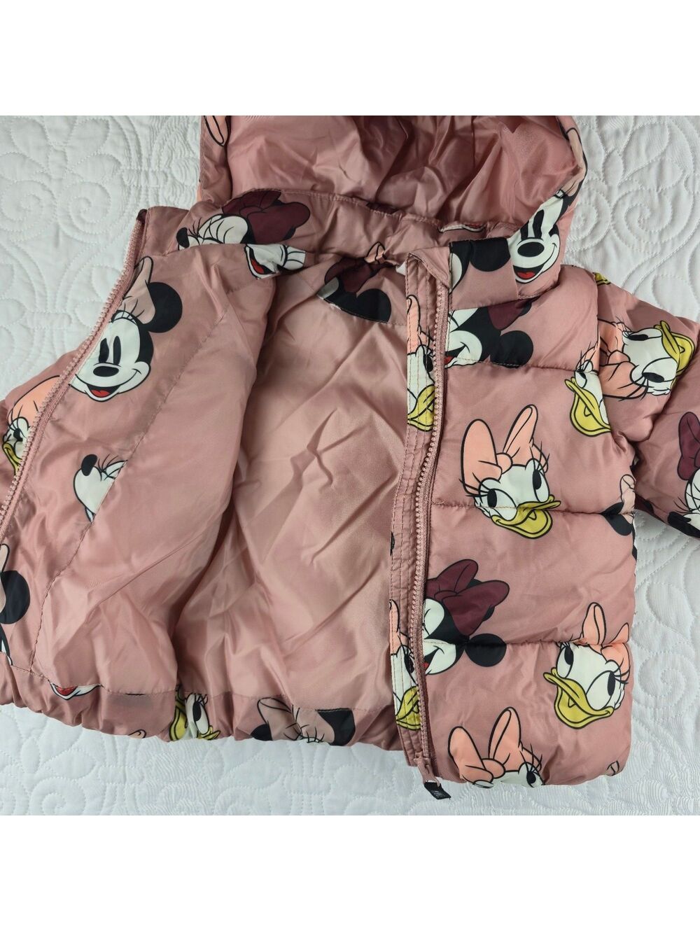 H&M Disney Minnie Mouse Daisy Duck Puffer Jacket dusty/Pink Hood Ears Size12-18M - Picture 7 of 7